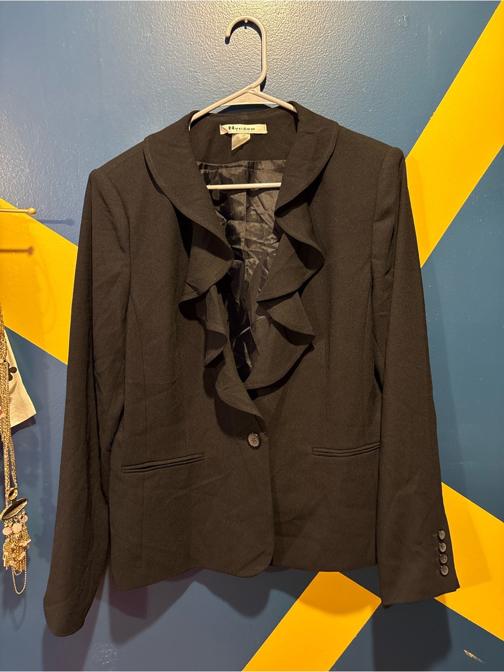 Nygard Collection Black Ruffle Front Blazer EUC